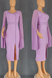 violet Elegant Solid Color Patchwork High Slit Hot Drill Zipper O Neck Long Dresses