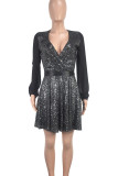 Black Sexy Solid Color Sequins Patchwork Strap Design V Neck Irregular Dresses