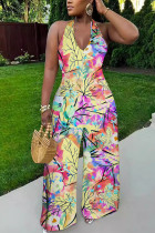 Shallow Yellow Casual Floral Print Backless Halter Regular Jumpsuits