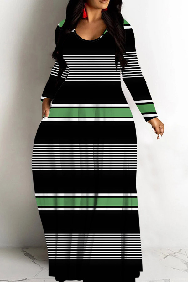 Black Green Casual Striped Print Basic V Neck Long Dresses