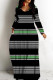 Black Green Casual Striped Print Basic V Neck Long Dresses