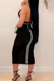 Black Elegant Patchwork Backless High Slit Hot Drill Deep V Neck Wrapped Skirt Dresses