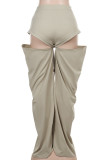 Khaki Casual Solid Color Pocket Buttons Patchwork Zipper Straight High Waist Straight Patchwork Bottoms