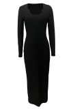 Black Elegant Solid Color Patchwork Deep V Neck Long Dresses