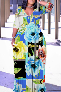 Blue Casual Floral Print Belted V Neck Long Plus Size Dresses