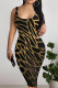 Black Gold Sexy Print Patchwork U Neck Wrapped Skirt Dresses