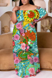 Green Casual Floral Print Patchwork Off Shoulder Long Plus Size Dresses