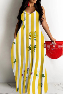 Yellow Casual Print Backless Spaghetti Strap Long Dresses