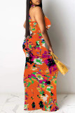 Pink Casual Floral Print Hollow Out O Neck Long Dresses