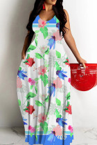 White Casual Floral Print Backless Spaghetti Strap Long Dresses