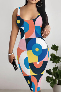 Blue White Sexy Print Patchwork U Neck Wrapped Skirt Dresses