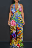 Pink Purple Casual Floral Print Backless Halter Regular Jumpsuits