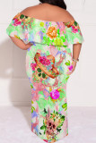 Green Casual Floral Print Patchwork Off Shoulder Long Plus Size Dresses