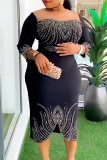 Blue Casual Patchwork Hot Drill O Neck Wrapped Skirt Dresses