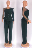 Yellow Elegant Solid Color Patchwork See-Through Beading O Neck Long Sleeve Two Pieces