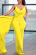 Yellow Sexy Formal Solid Color Backless Ruched Spaghetti Strap Bodycon Jumpsuits