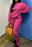 Pink Casual Letters Embroidered Pocket Lace Up Patchwork O Neck Long Sleeve Two Pieces