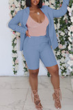 Blue Fashion Casual Solid Cardigan Turndown Collar Long Sleeve Two Pieces