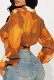 Orange Sexy Print Buttons Patchwork Deep V Neck Tops