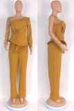 Yellow Elegant Solid Color Patchwork See-Through Beading O Neck Long Sleeve Two Pieces