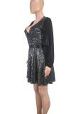Black Sexy Solid Color Sequins Patchwork Strap Design V Neck Irregular Dresses