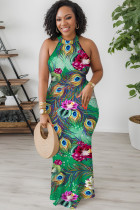 Green Casual Floral Print Hollow Out O Neck Long Dresses