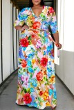 Blue Casual Floral Print Belted V Neck Long Plus Size Dresses
