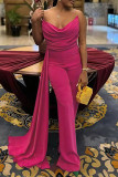 Rose Red Sexy Formal Solid Color Backless Ruched Spaghetti Strap Bodycon Jumpsuits