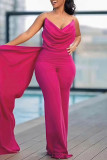 Rose Red Sexy Formal Solid Color Backless Ruched Spaghetti Strap Bodycon Jumpsuits