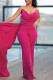Rose Red Sexy Formal Solid Color Backless Ruched Spaghetti Strap Bodycon Jumpsuits