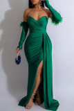 Green Elegant Solid Color Patchwork Feathers Backless High Slit Strapless Evening Dresses