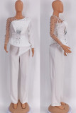 Yellow Elegant Solid Color Patchwork See-Through Beading O Neck Long Sleeve Two Pieces