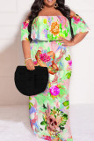 Green Casual Floral Print Patchwork Off Shoulder Long Plus Size Dresses
