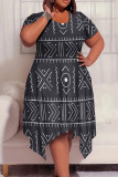 Greenish Yellow Casual Print Patchwork O Neck Irregular Plus Size Dresses