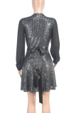 Black Sexy Solid Color Sequins Patchwork Strap Design V Neck Irregular Dresses