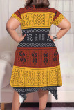 Greenish Yellow Casual Print Patchwork O Neck Irregular Plus Size Dresses
