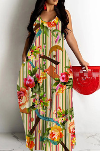 Multi-color Casual Print Backless Spaghetti Strap Long Dresses