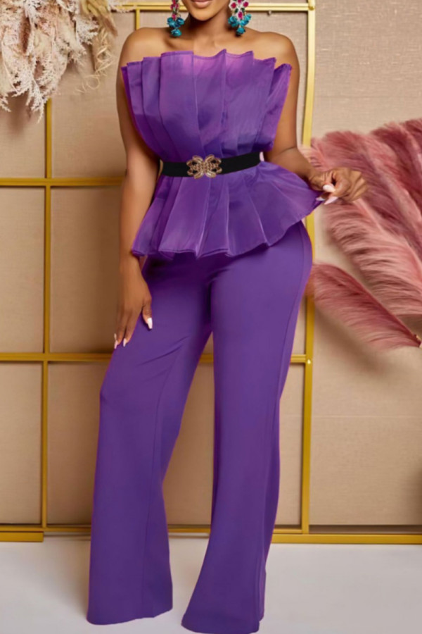 Purple Sexy Casual Solid Color Backless With Belt Strapless Bodycon Jumpsuits