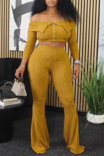 Yellow Casual Solid Color Buckle Patchwork Off Shoulder Long Sleeve Two Pieces