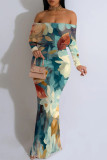 Yellow Black Sexy Floral Print Stripe Contrast Off Shoulder Printed Dresses