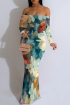 Blue Sexy Floral Print Stripe Contrast Off Shoulder Printed Dresses