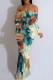 Blue Sexy Floral Print Stripe Contrast Off Shoulder Printed Dresses