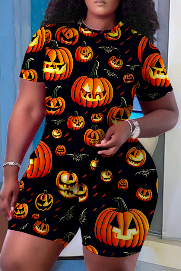 Black Casual Print Basic O Neck Short Sleeve Two Pieces