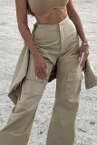 Khaki Casual Solid Color Pocket Buttons Patchwork Zipper Straight High Waist Straight Patchwork Bottoms