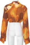 Orange Sexy Print Buttons Patchwork Deep V Neck Tops