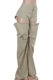 Khaki Casual Solid Color Pocket Buttons Patchwork Zipper Straight High Waist Straight Patchwork Bottoms