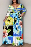 Blue Casual Floral Print Belted V Neck Long Plus Size Dresses