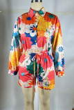 Orange Red Casual Print Buckle Patchwork Turndown Collar Long Sleeve Two Pieces