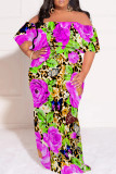 Green Casual Floral Print Patchwork Off Shoulder Long Plus Size Dresses