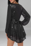 Black Sexy Solid Color Sequins Patchwork Strap Design V Neck Irregular Dresses